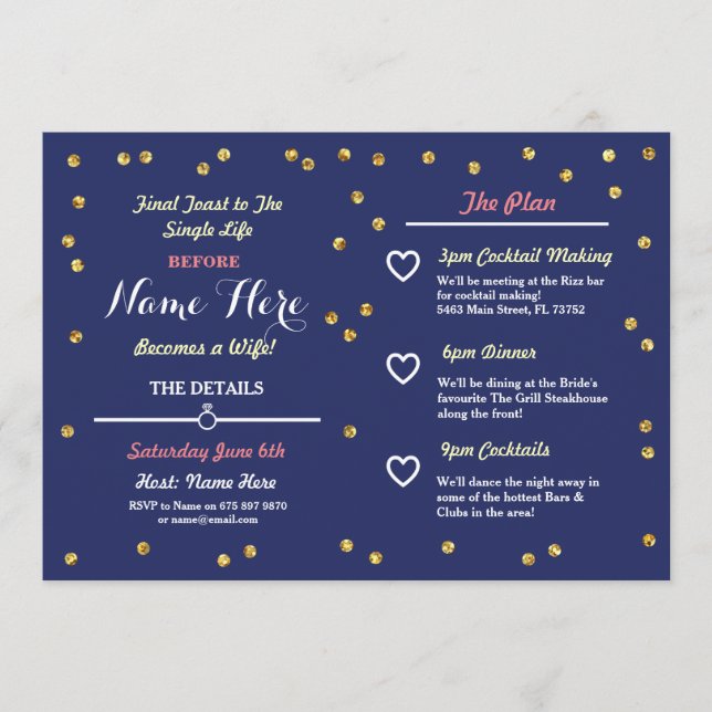 Navy Gold Glitter Bridal Shower Itinerary Invite (Front)