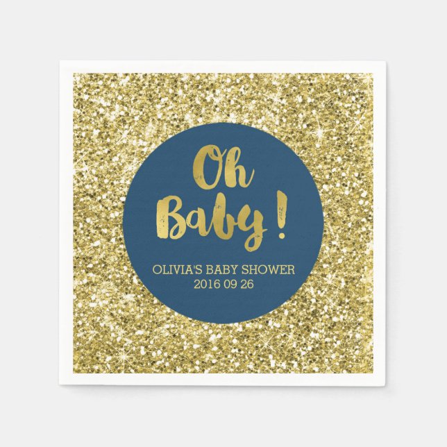 Navy Gold Glitter Confetti Oh Baby Baby Shower Napkin (Front)
