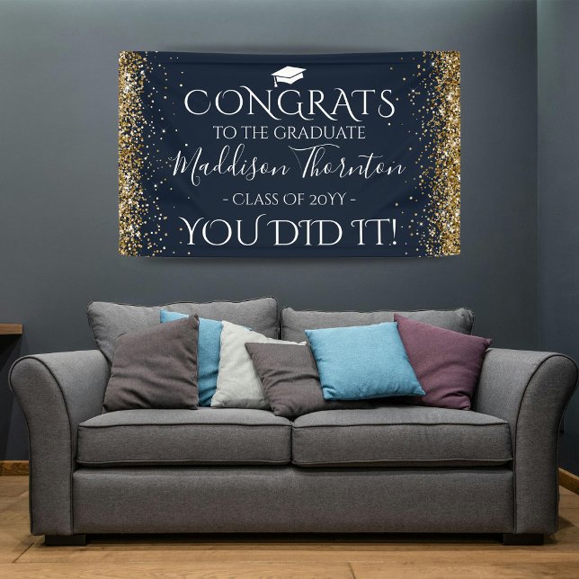 Navy & Gold Glitter Congrats Graduate Graduation Banner (Creator Uploaded)