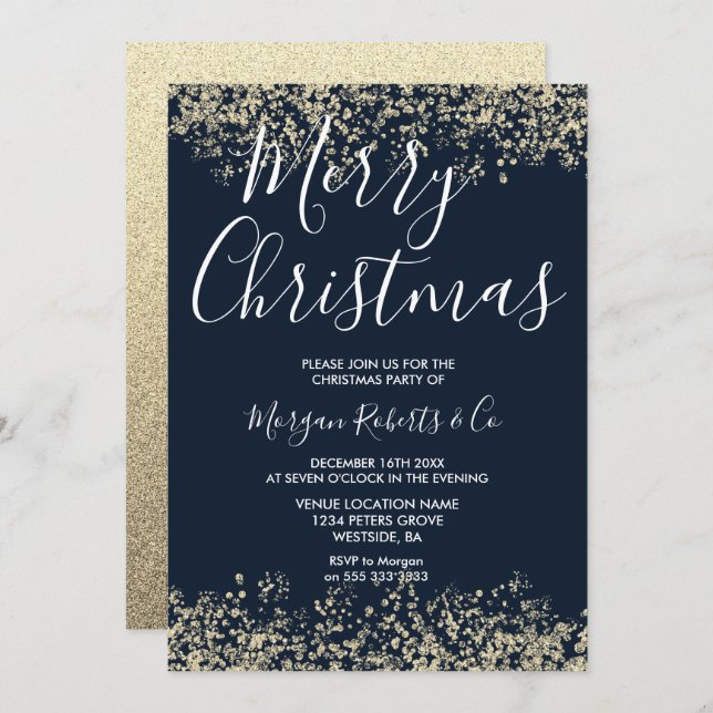 Navy Gold Glitter Corporate Family Christmas Party Invitation (Front/Back)