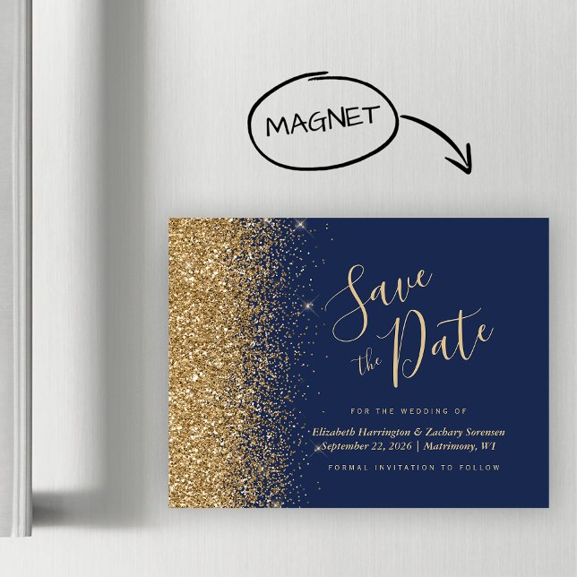 Navy Gold Glitter Magnetic Wedding Save the Date (Creator Uploaded)