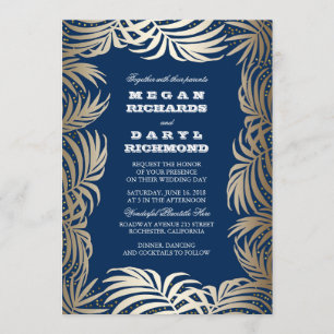 Navy - Gold Glitter Palm Leaf Beach Wedding Invitation