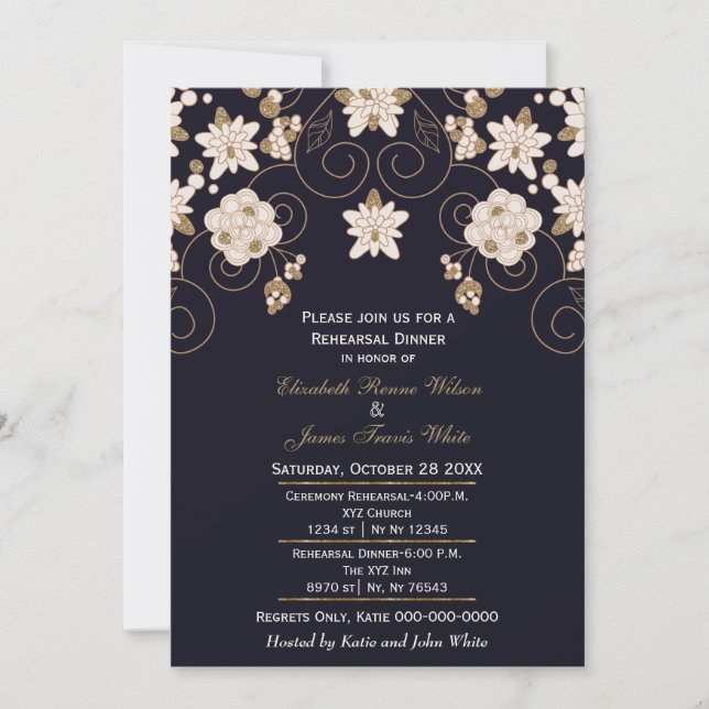 navy gold glitter rehearsal dinner invites (Front)