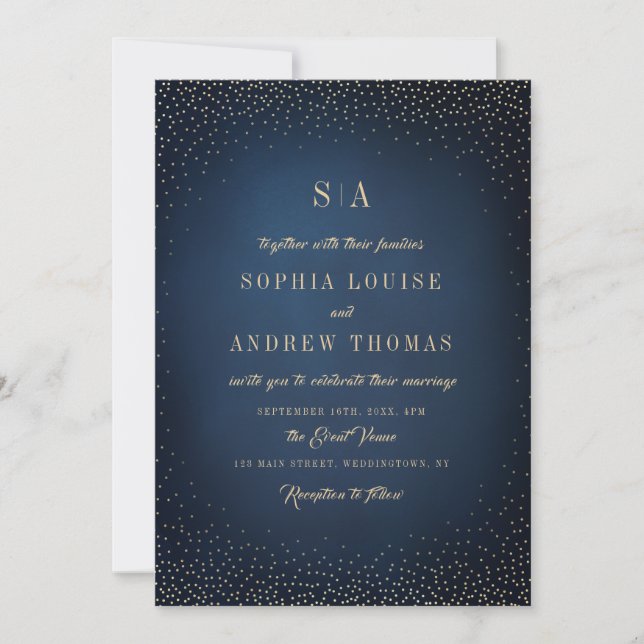 Navy & Gold Glitter Sophisticated Monogram wedding Invitation (Front)