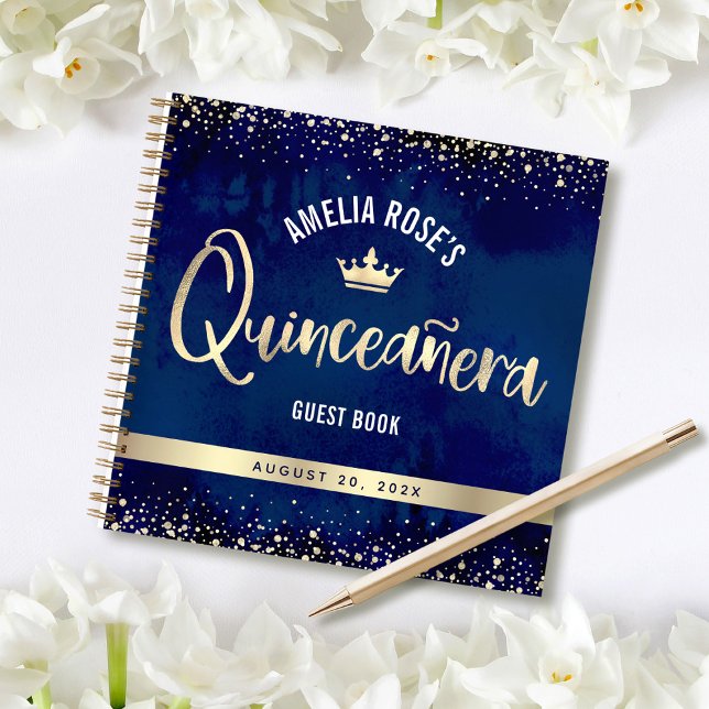 Navy Gold Glitter Tiara Quinceañera Guest Book (Creator Uploaded)