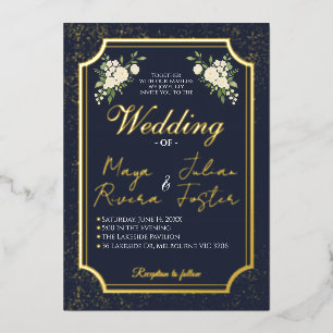 Navy Gold Glitter White Floral Photo Wedding