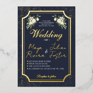 Navy Gold Glitter White Floral Photo Wedding