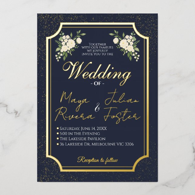 Navy Gold Glitter White Floral Photo Wedding (Front)