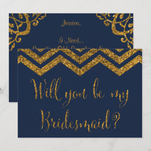 Navy & Gold Glitter   Will You Be My Bridesmaid? Invitation