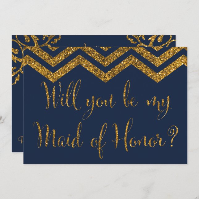 Navy & Gold Glitter Will You Be My Maid Of Honour? Invitation (Front/Back)