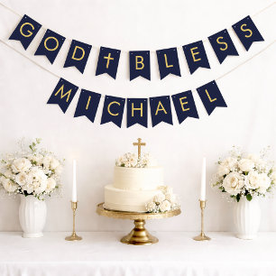 Navy Gold God Bless 7 Letter Boy Baptism Communion Bunting
