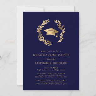 Navy Gold Grad Cap Wreath Chic Graduation Party Invitation