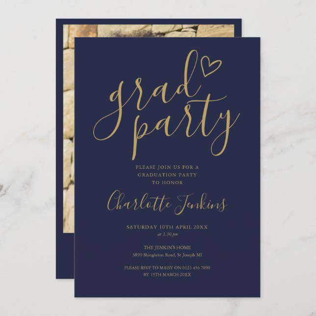 Navy Gold Grad Party Script Photo Graduation Party Invitation (Front/Back)