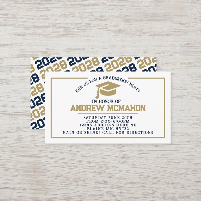 Navy & Gold Graduation Invite Announcement Insert (Navy Blue, White & Gold Mini Graduation Invites for Friends, Team Mates or as Inserts!)