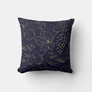 Navy & gold grape berries leaves cushion