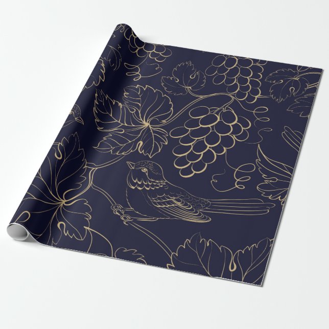 Navy & gold grape berries leaves  wrapping paper (Unrolled)