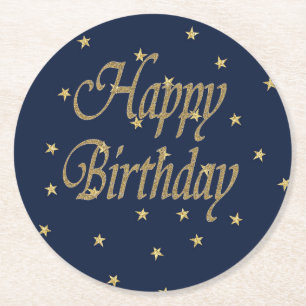 Navy Gold Happy Birthday Round Paper Coaster