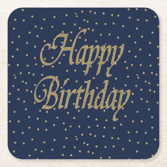Navy Gold  Happy Birthday Square Paper Coaster (Front)