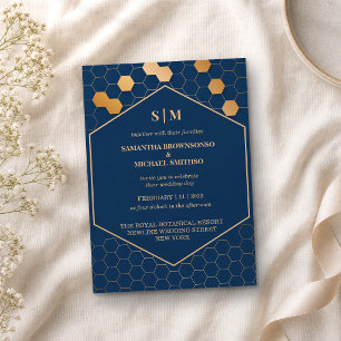 Navy Gold Honeycomb Wedding Invitation