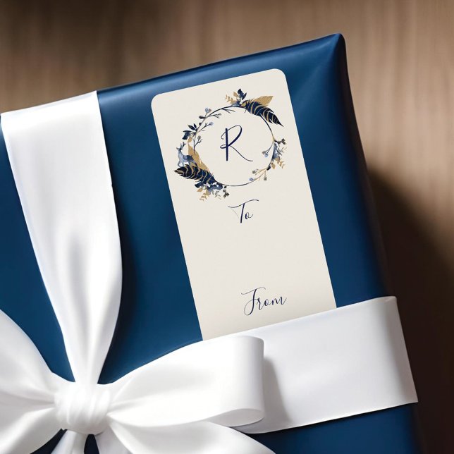 Navy & Gold Jewel Feather & Foliage Wreath To From Label (Creator Uploaded)