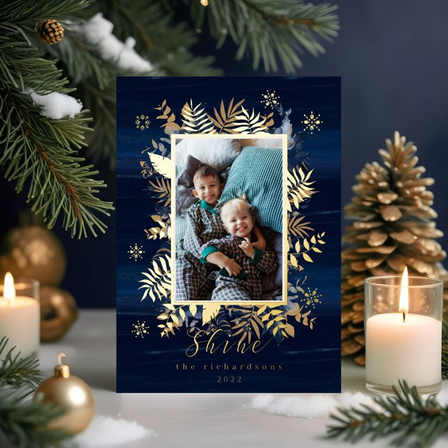 Navy & Gold Jewels Feathers & Foliage Photo Wreath (Navy & Gold Jewels Feathers & Foliage Photo Wreath Foil Holiday Card)