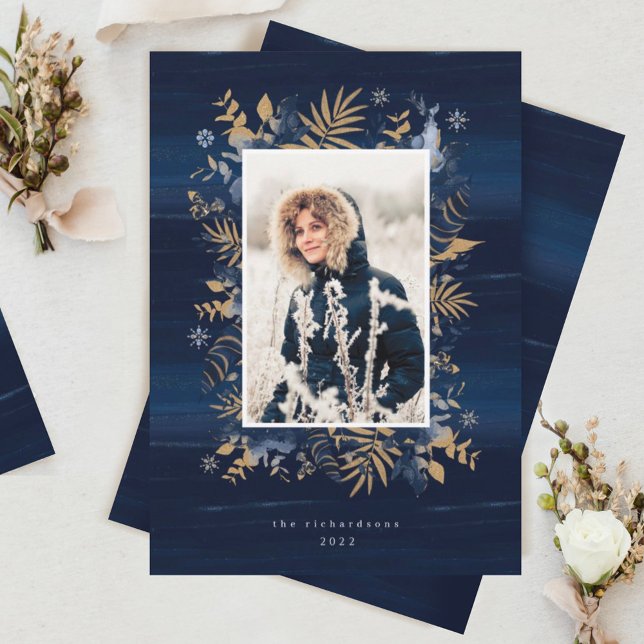Navy & Gold Jewels Feathers & Foliage Photo Wreath Holiday Card (Creator Uploaded)