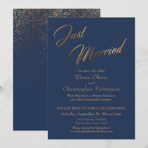 Navy & Gold Just Married Script Confetti Reception Invitation
