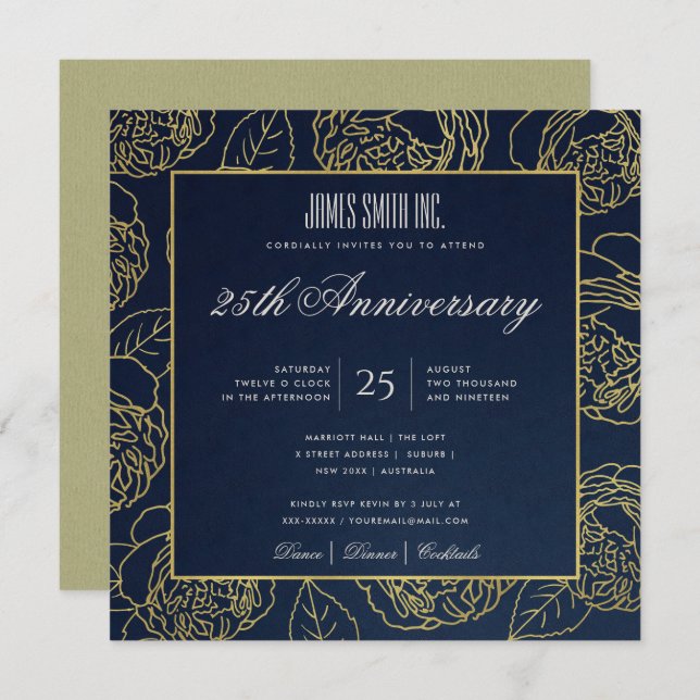 NAVY GOLD KRAFT ROSE FLORAL CORPORATE PARTY EVENT INVITATION (Front/Back)