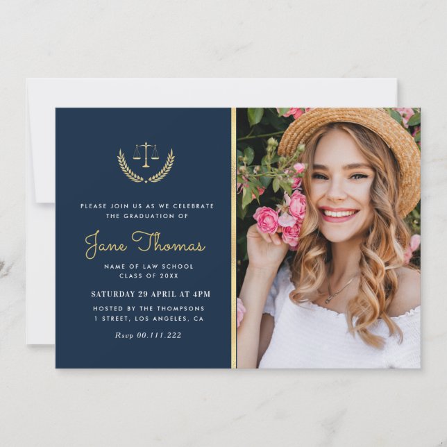 Navy & gold law school graduation party Invitation (Front)
