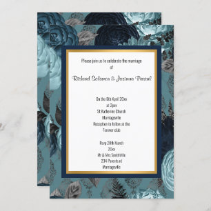 NAVY GOLD LAYERED FLORAL WEDDING INVITATION