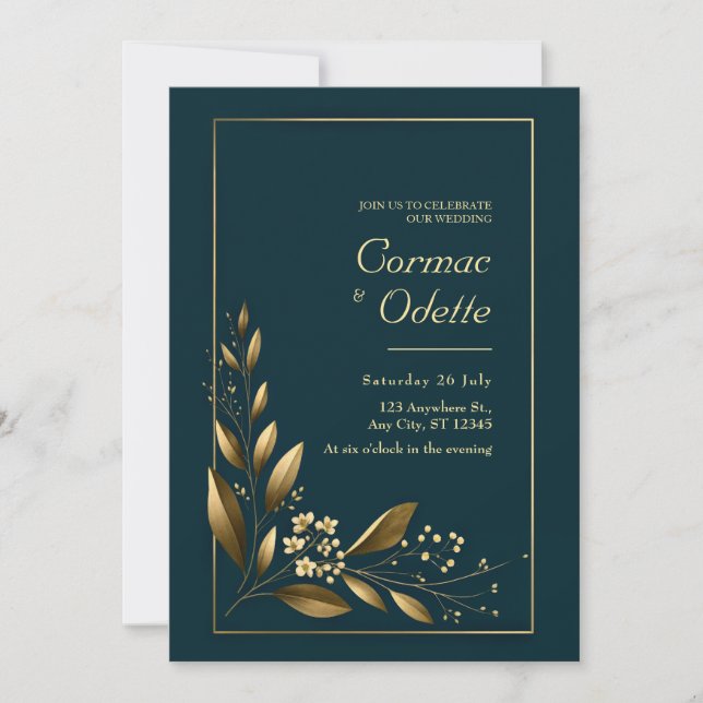 Navy Gold Leaf Botanical Wedding Invitation (Front)