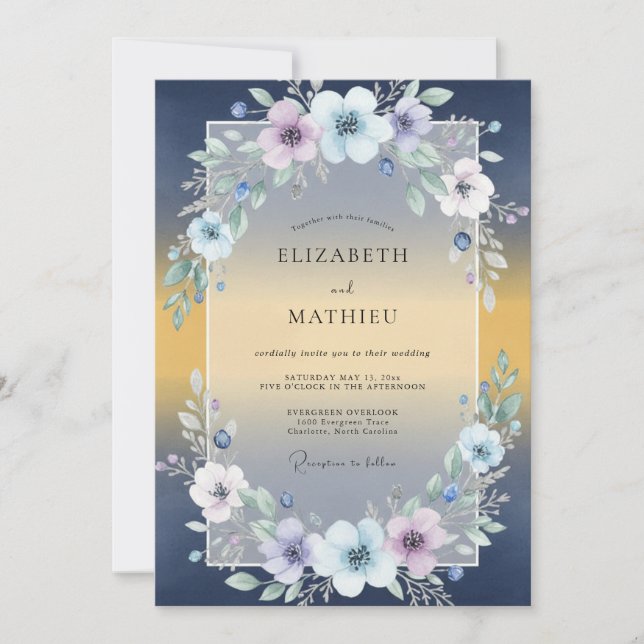 Navy Gold Leafy Wedding Invitation (Front)