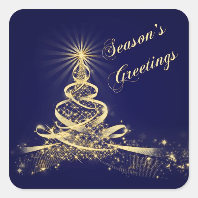 Navy, Gold  Lighted Tree Christmas Sticker (Front)