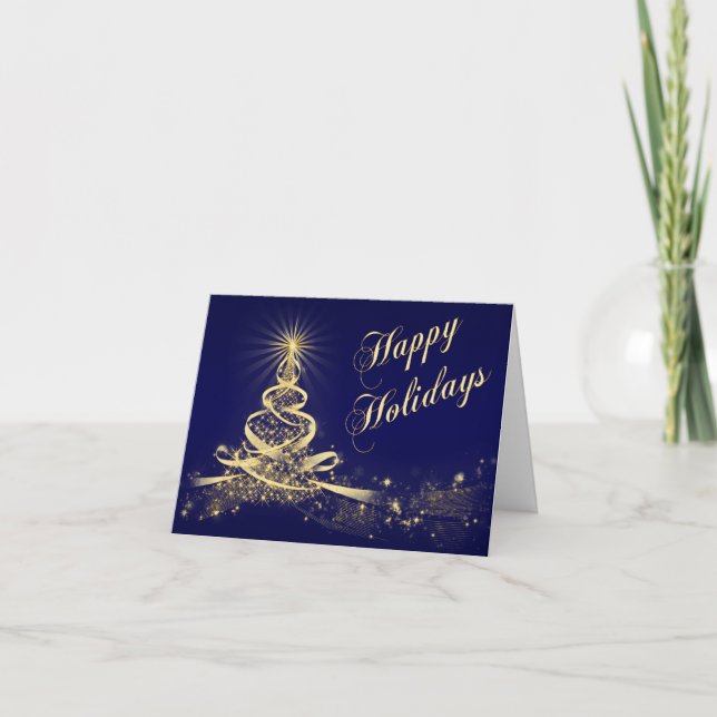 Navy, Gold Lighted Tree Corporate Holiday Card (Front)