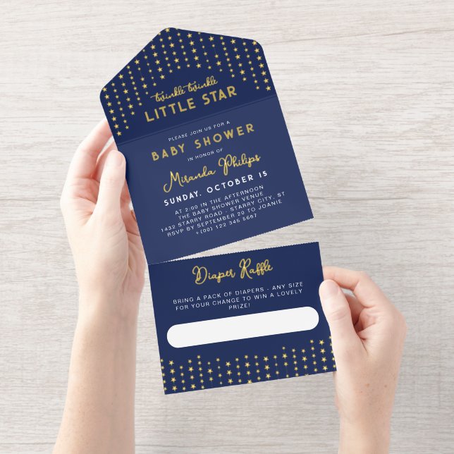 Navy Gold Little Star Baby Shower Diaper Raffle All In One Invitation (Tearaway)