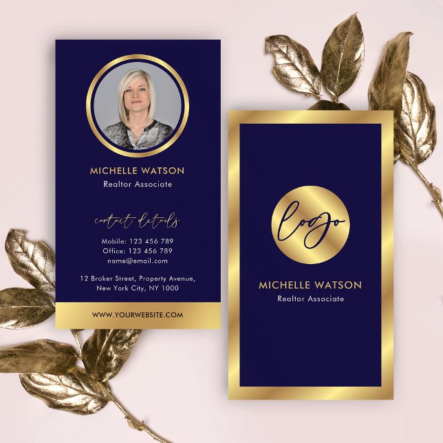 Navy & Gold Logo Elegant Notary Real Estate Photo Business Card (Professional navy blue and faux gold business cards with space for your photo and logo)