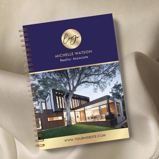 Navy & Gold Logo Elegant Real Estate Broker Photo Notebook (Navy and gold modern business notebook with space for your custom photo and logo)