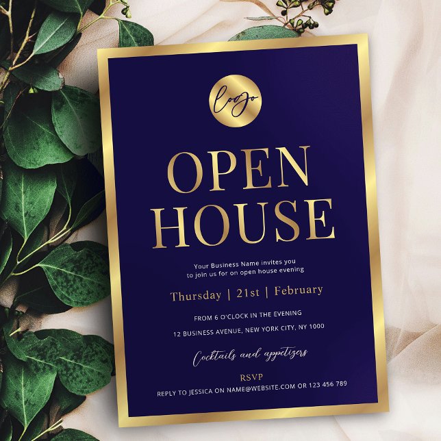 Navy & Gold Logo Modern Business Open House Invitation (Professional navy blue and faux gold business logo open house invitation design)