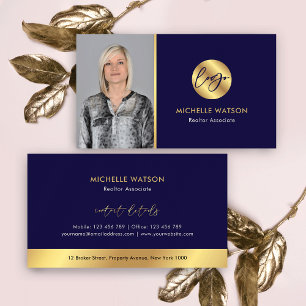 Navy & Gold Logo Modern Real Estate Agent Photo Business Card