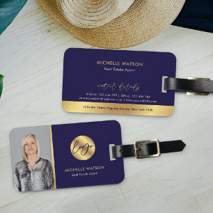 Navy & Gold Logo Modern Real Estate Agent Photo Luggage Tag