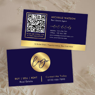 Navy & Gold Logo Modern Real Estate QR Code Business Card
