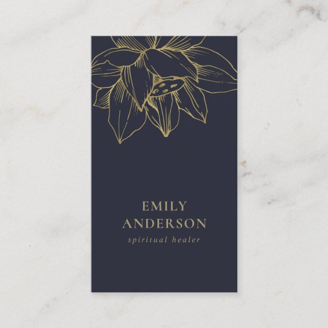 NAVY GOLD LOTUS SIMPLE REIKI SPIRITUAL HEALER BUSINESS CARD (Front)