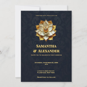 Navy Gold Lotus Wedding Invitation Elegant