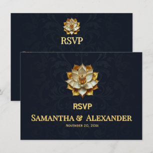 Navy Gold Lotus Wedding RSVP Card Elegant