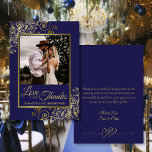 Navy & Gold Love & Thanks Photo & Note Wedding Thank You Card<br><div class="desc">These beautiful navy blue & gold coloured wedding thank you cards feature your photo in a faux foil golden frame surrounded by ornate golden curls and swirls. The caption reads: Love and Thanks, with your names below. The back has a romantic linked hearts graphic along with a custom note and...</div>