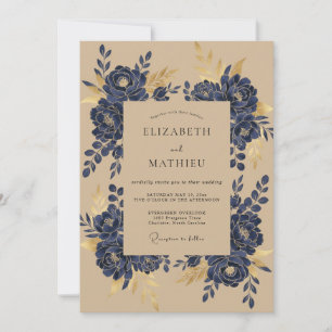 Navy Gold Magnolia Wedding Invitation