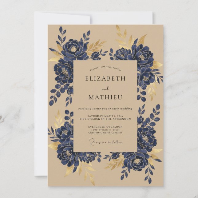 Navy Gold Magnolia Wedding Invitation (Front)