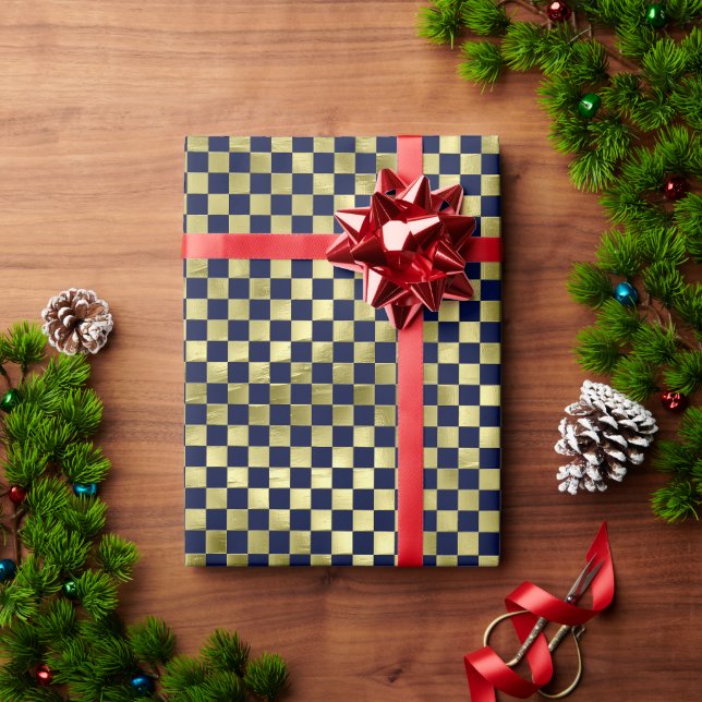 Navy gold metallic chequered pattern Christmas Wrapping Paper (Holiday Gift)