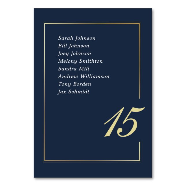 Navy Gold Minimal Border Script Typography Wedding Table Number (Front)