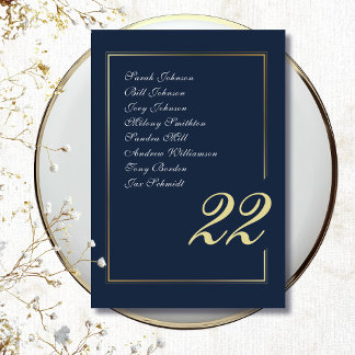 Navy Gold Minimal Script Calligraphy Wedding Table Number
